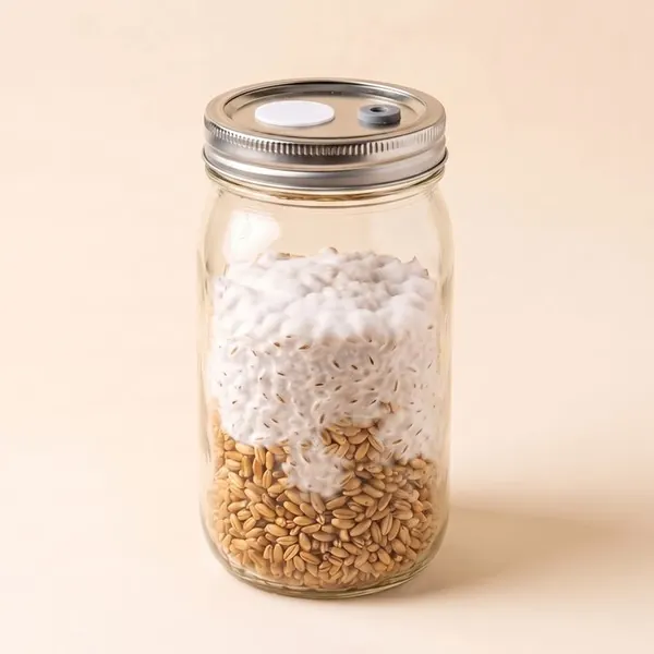 The same jar about half covered in white mycelium.
