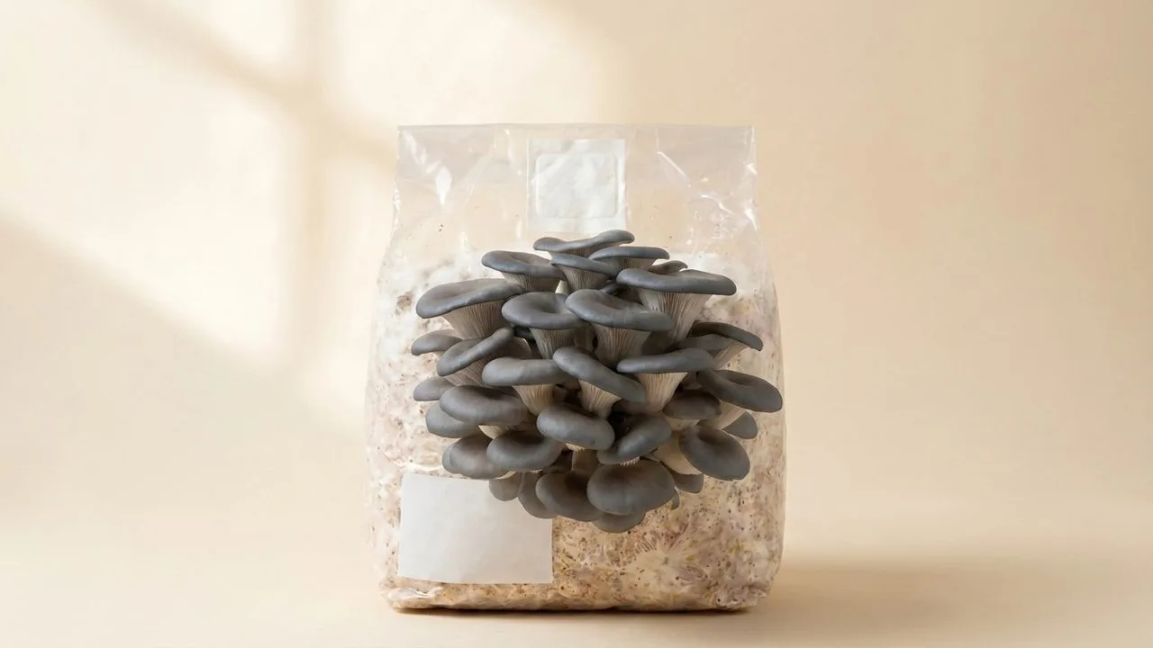 A bag of blue oyster mushrooms fruiting in window light.