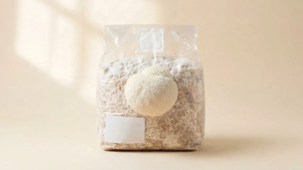 A lion's mane mushroom fruiting from a substrate bag, on a warm beige table.