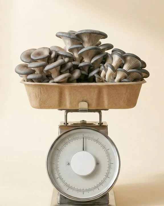 A cluster of blue oyster mushrooms in a tray on a scale.